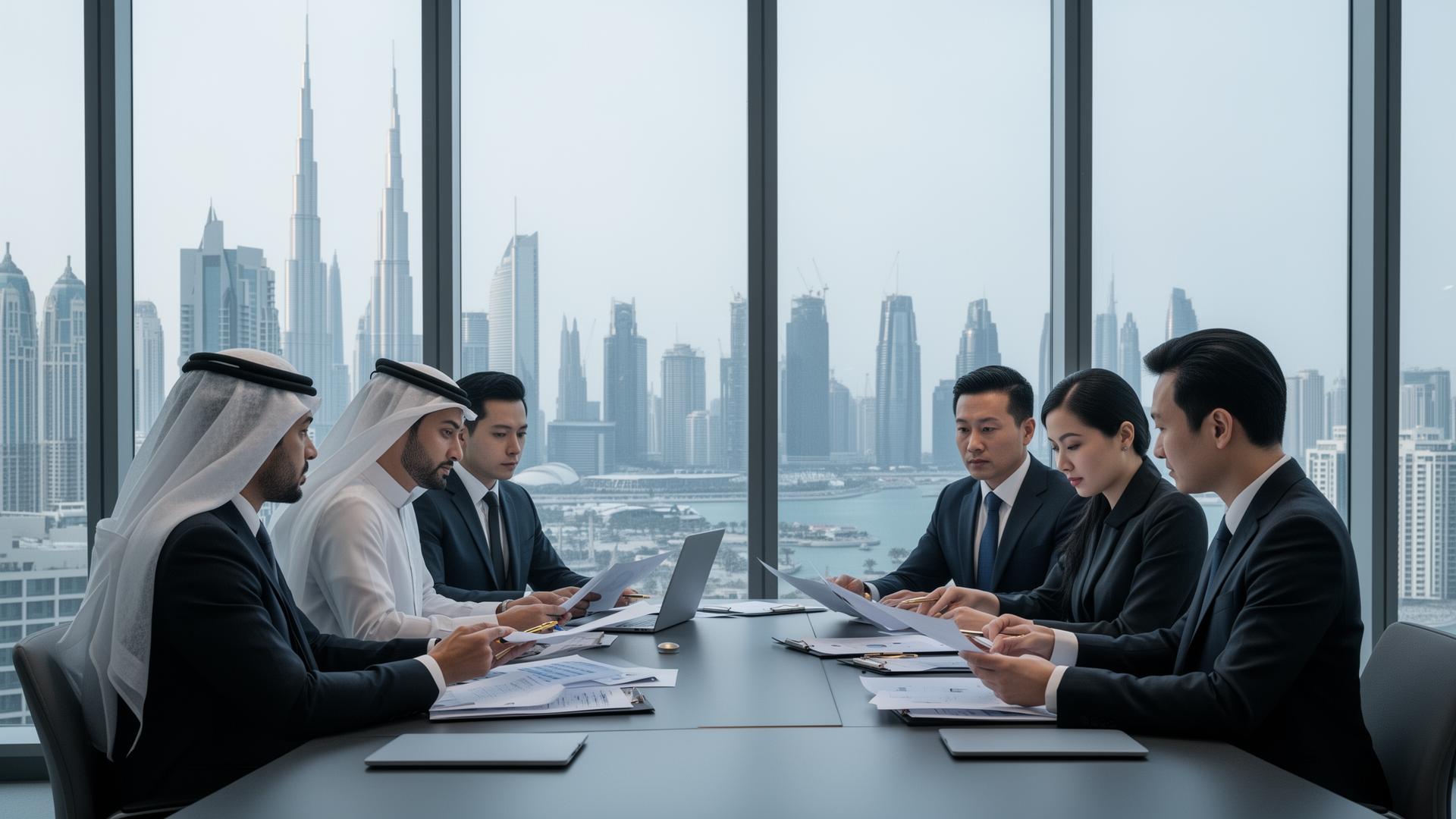 Cross-border advisory meeting between Southeast Asian and Middle Eastern executives